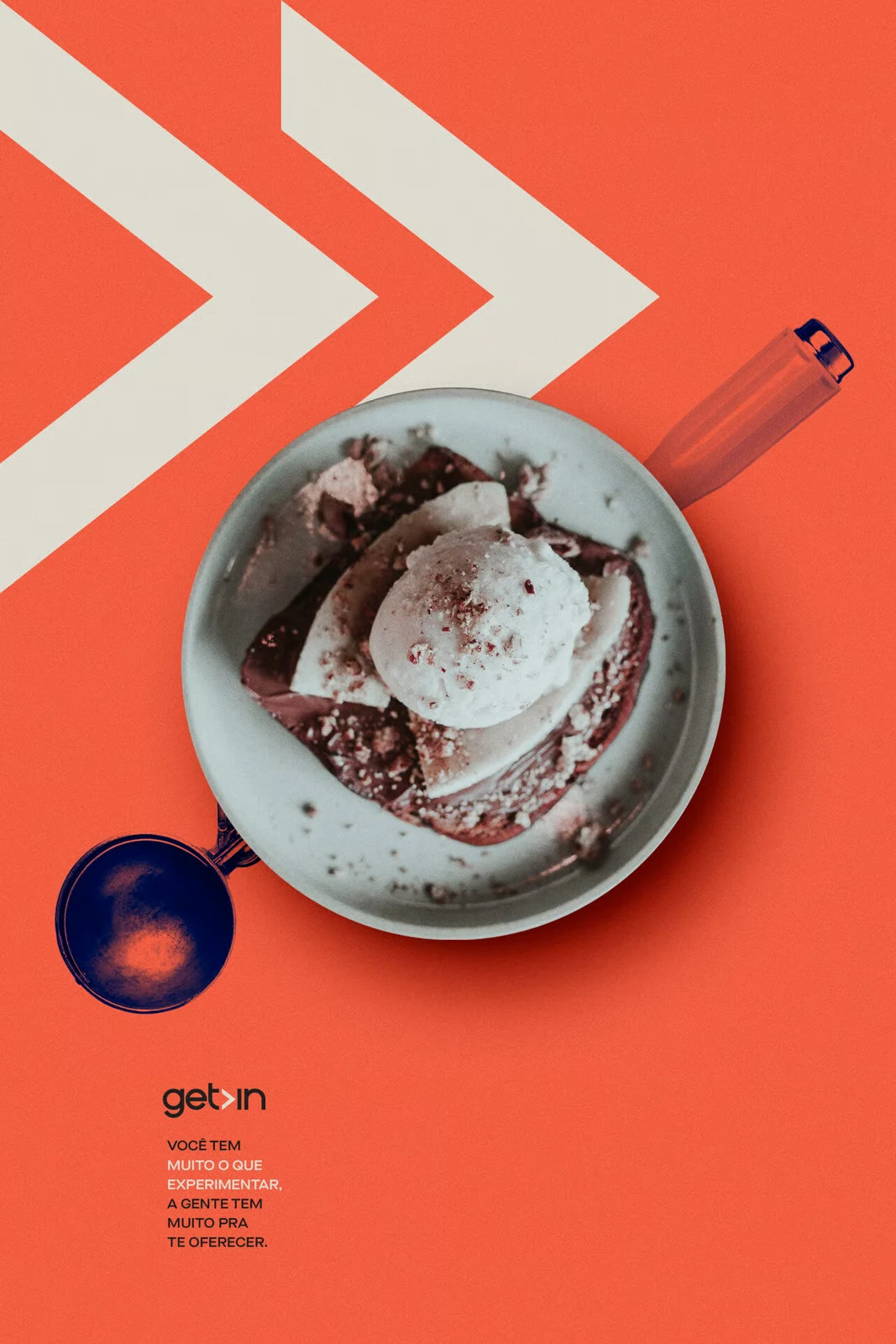 Get In campaign: coffee on a coral background with bold directional graphics