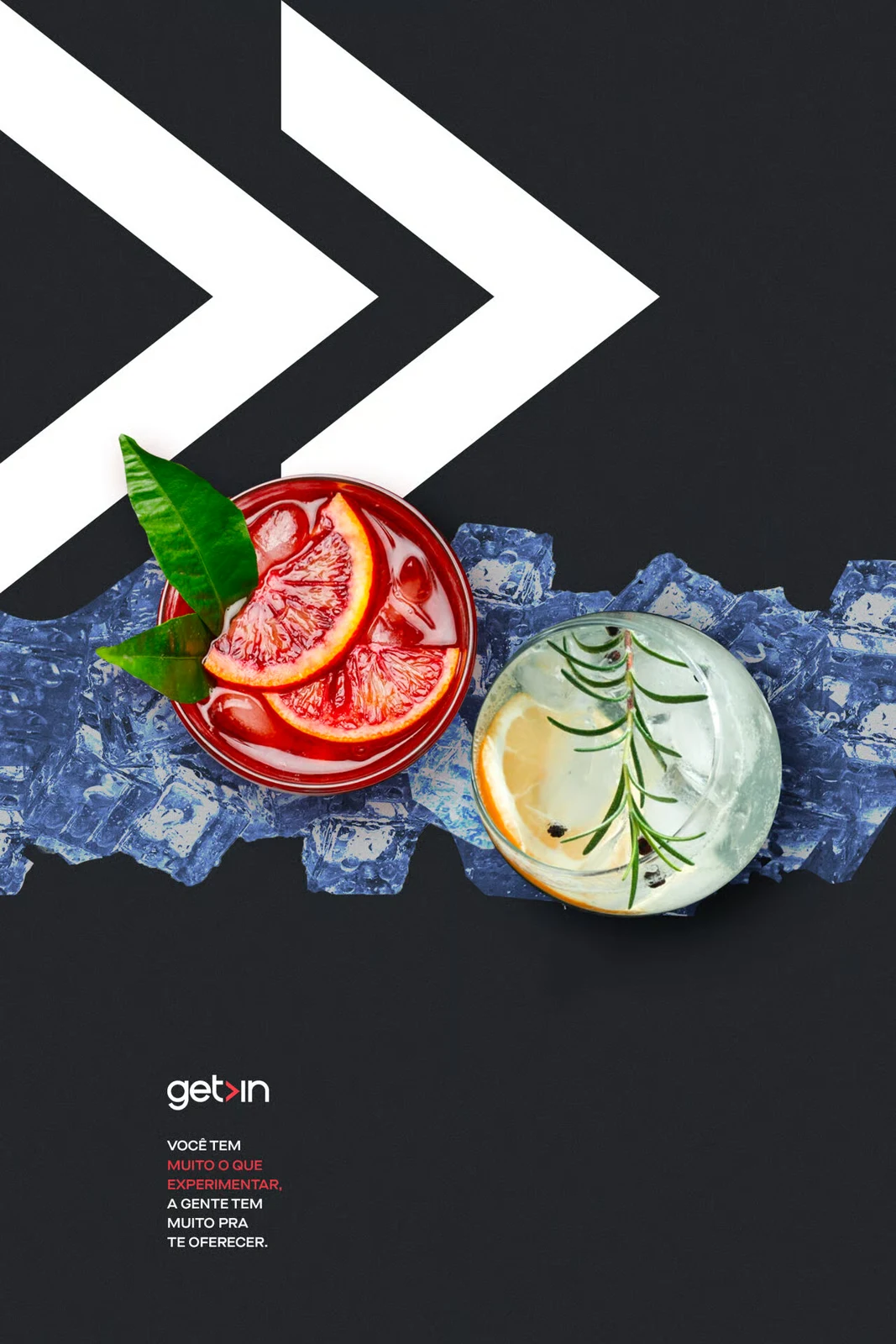 Get In cocktail campaign with white arrows on charcoal