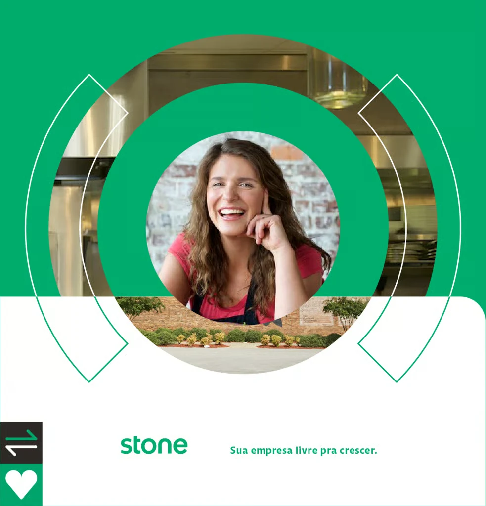 Stone campaign portrait framed by its green brand graphics